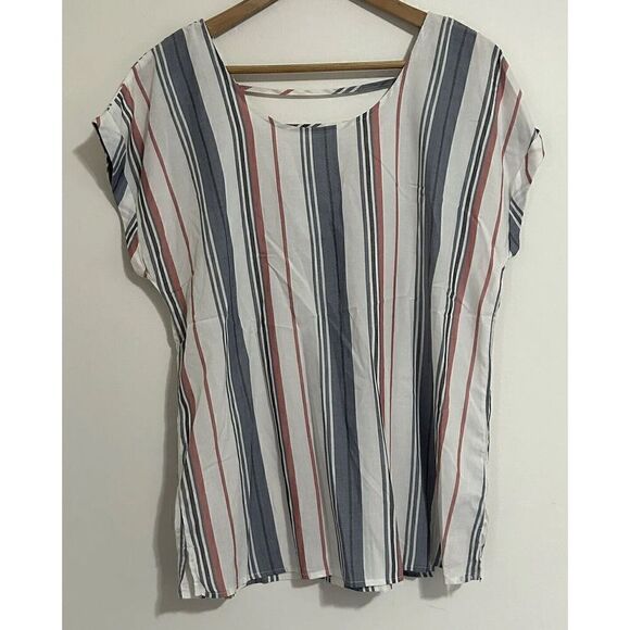 Womens Olive & Oak Striped Blue Red Short Sleeve Blouse Shirt M - Picture 1 of 5